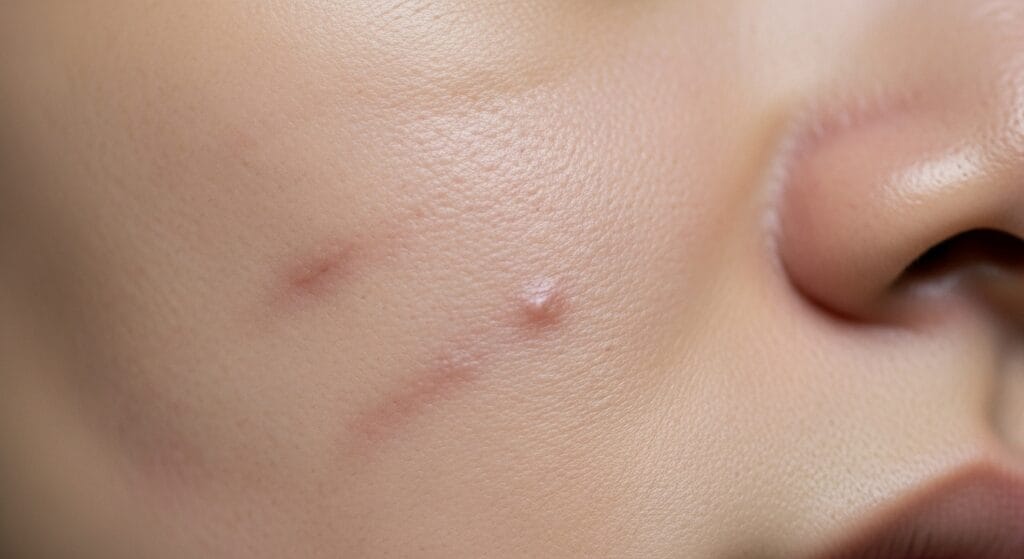 A close up of a cheek with acne scars.