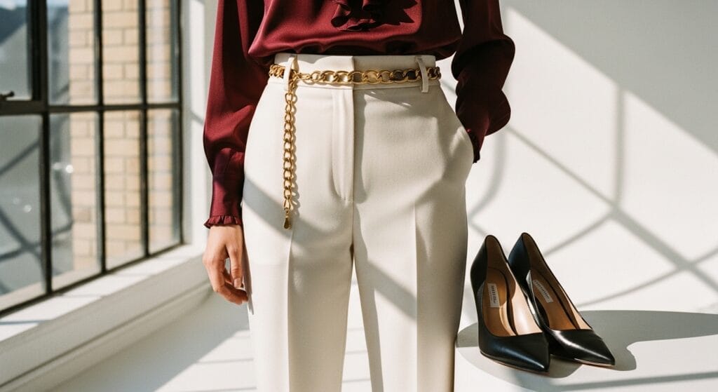 Close-up shot of a well-curated outfit combining vintage-inspired accessories with sleek modern apparel, detailed textures, and bold color contrasts, styled in a fashion magazine setting, cinematic aesthetic.