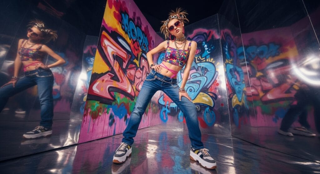 High-fashion editorial photo of a model in Y2K-inspired attire, featuring reflective surfaces, vintage accessories, and urban graffiti as a dramatic backdrop, cinematic lighting, vivid colors.