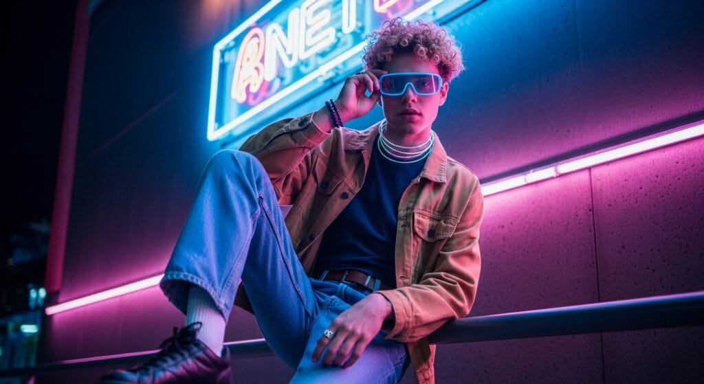 Urban photography capturing a stylish young adult in a mixed outfit of retro low-rise denim and futuristic accessories, set against a neon-lit cityscape, with a focus on textures and vibrant lighting.
