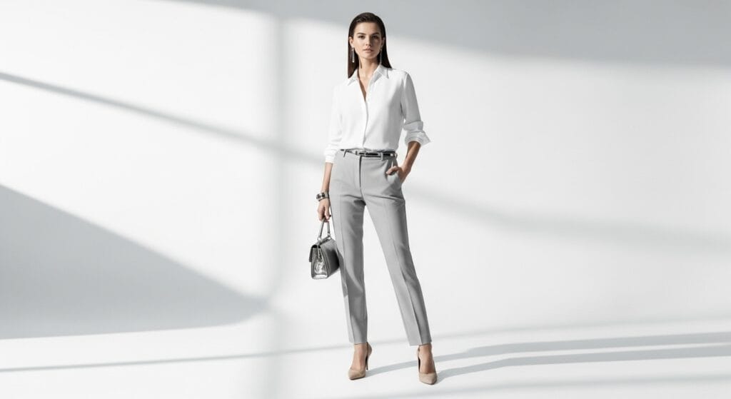 Sophisticated full-body fashion editorial of a stylish woman wearing a crisp white shirt paired with matching tailored trousers. The look is completed with subtle beige heels and metallic accessories. Clean studio background with soft lighting, elegant pose, minimal monochrome aesthetic, fashion magazine quality