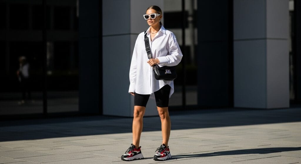 Full-body editorial photo of a fashion-forward woman wearing an oversized white shirt paired with black bike shorts. She’s accessorized with chunky bold sneakers, a sleek crossbody bag, and angular sunglasses. Urban backdrop with soft shadows, minimal color palette, casual chic vibe, wide ratio, street style photography aesthetic