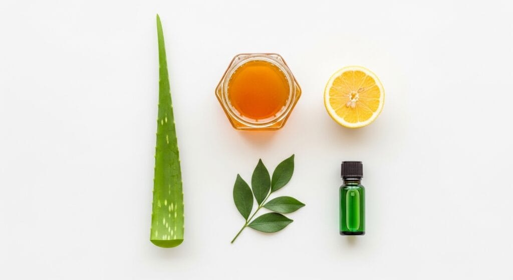 aloe vera, honey, lemon juice, and tea tree oil remedies to Treat Acne Scars Naturally