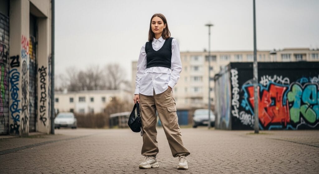 Editorial-style full-body photo of a stylish young woman in a layered streetwear outfit—white button-up shirt underneath a cropped vest, paired with loose cargo pants and chunky sneakers. Urban background with graffiti walls, soft overcast lighting, modern street style vibe, confident pose, wide ratio, fashion blog aesthetic.