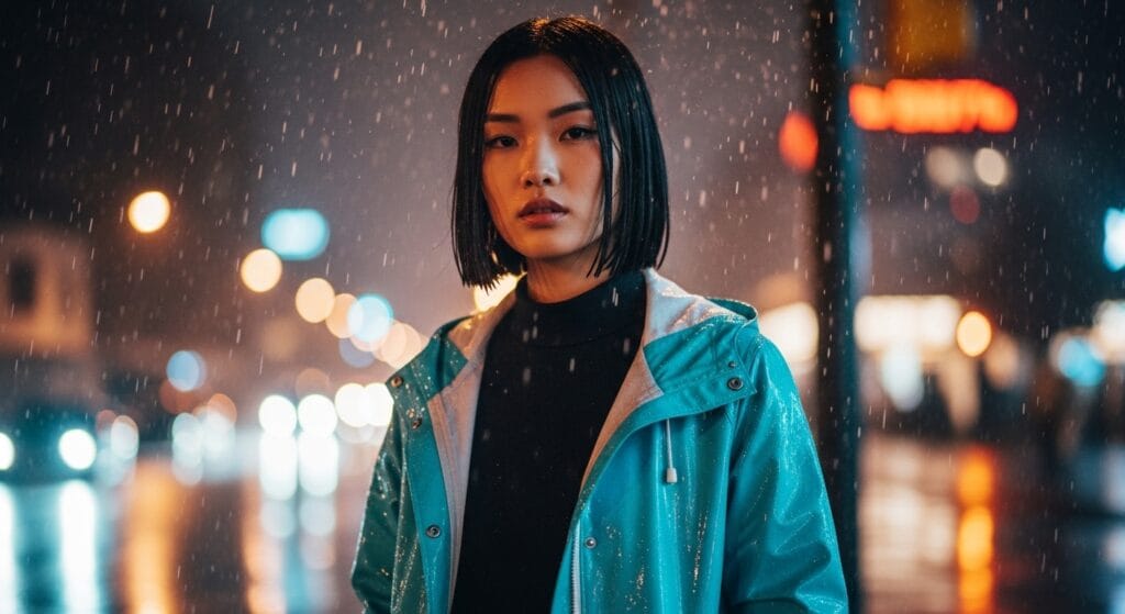 Stylish urban photo of a model wearing a waterproof jacket, standing under city lights with raindrops visible, modern and sleek fashion, cinematic lighting.